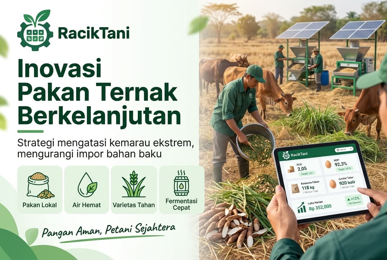 Ilustrasi banner menunjukkan strategi inovasi pakan ternak berkelanjutan untuk menghadapi kemarau ekstrem, dengan peternak, pakan lokal, dan teknologi pangan.
