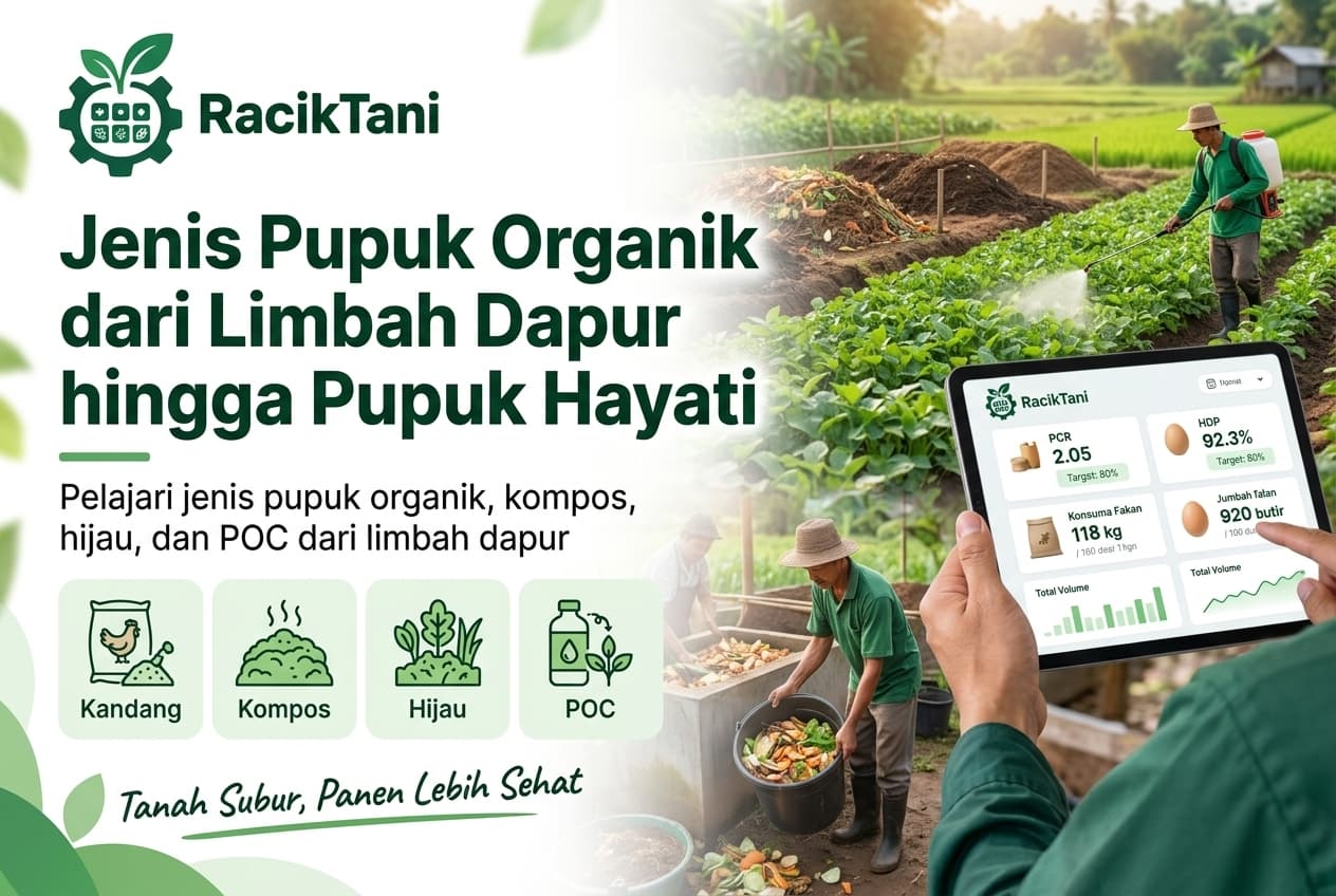 Ilustrasi banner yang menampilkan berbagai jenis pupuk organik: pupuk kandang, kompos, pupuk hijau, dan Pupuk Organik Cair dari limbah dapur, dengan ladang Indonesia sebagai latar belakang