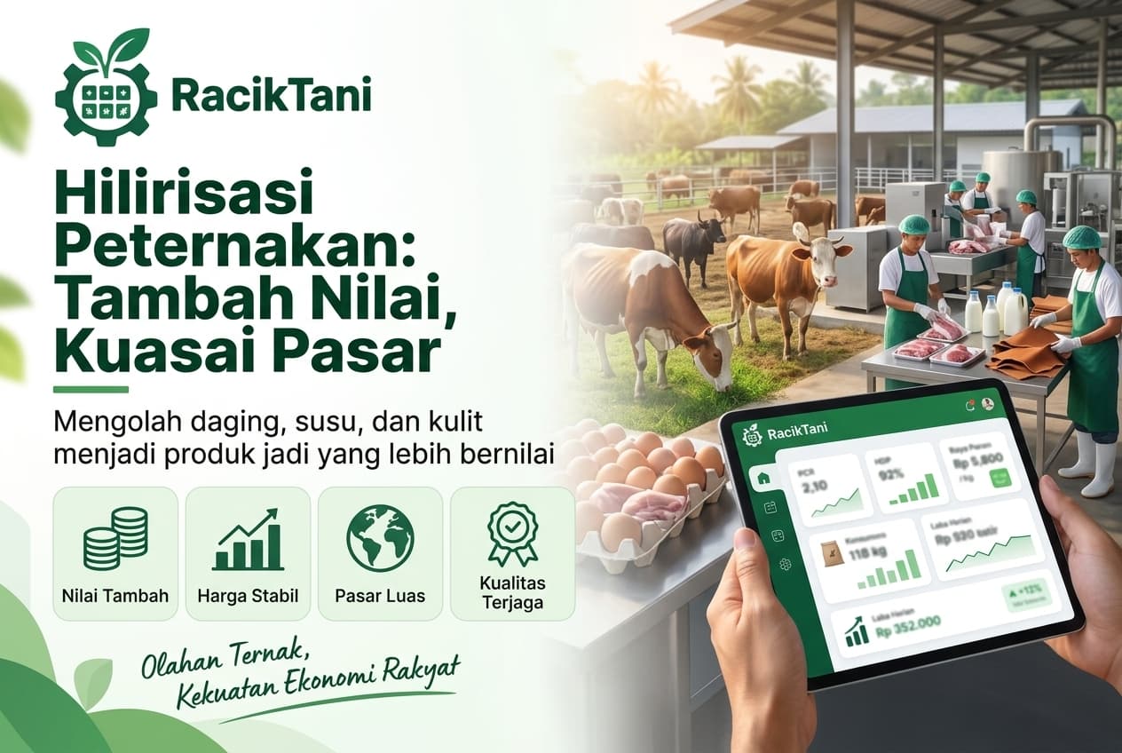 Ilustrasi hilirisasi peternakan Indonesia: ternak diproses menjadi daging, susu, dan kulit siap jual, meningkatkan nilai tambah dan daya saing peternak