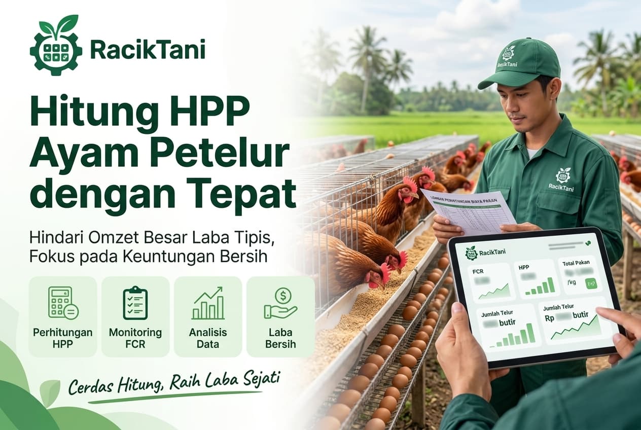 Banner menunjukkan peternak ayam petelur yang sedang menghitung HPP dan laba bersih, dilengkapi ikon monitoring FCR dan grafik sederhana di ladang pertanian Indonesia.