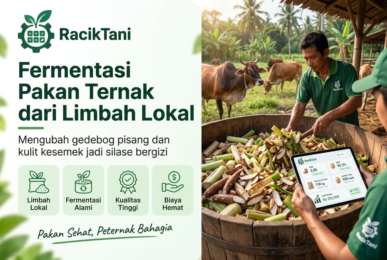 Ilustrasi peternak Indonesia mengolah limbah lokal seperti gedebog pisang dan kulit kesemek menjadi silase berkualitas melalui fermentasi, dengan ternak sapi di latar belakang.