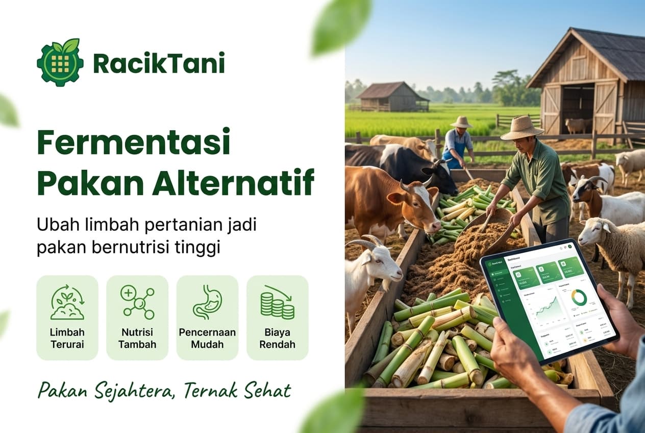 Gambar menunjukkan petani Indonesia mencampur limbah pertanian yang telah difermentasi menjadi pakan untuk sapi, kambing, dan domba di ladang hijau dengan bakal pakan dan ladang di latar belakang.