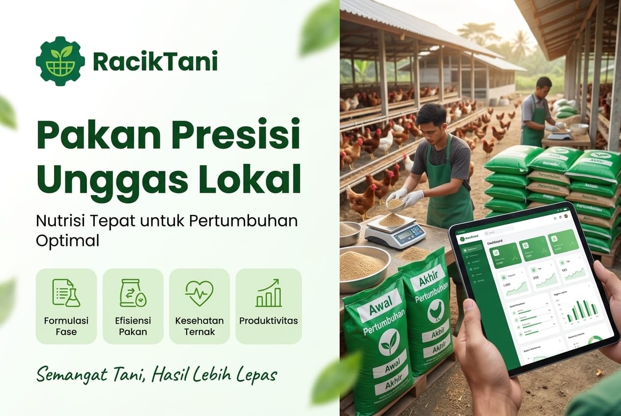 Ilustrasi banner RacikTani menunjukkan peternak unggas lokal memberikan pakan presisi sesuai fase pertumbuhan, dengan grafik nutrisi dan ikon produktivitas.