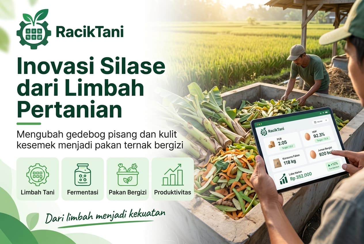 Ilustrasi banner yang menunjukkan proses mengolah limbah pertanian seperti gedebog pisang dan kulit kesemek menjadi pakan ternak berkualitas melalui fermentasi silase, dengan petani men oversee dan tanaman hijau di latar belakang.