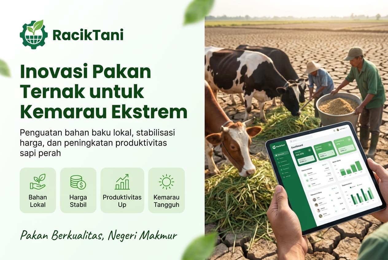 Ilustrasi strategi inovasi pakan ternak untuk menghadapi kemarau ekstrem dengan penggunaan bahan baku lokal dan peningkatan produktivitas sapi perah