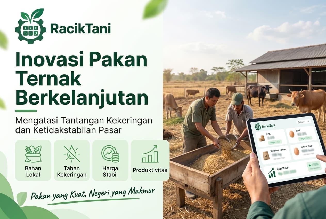 Ilustrasi banner montrant peternak mencampur pakan lokal yang tahan kekeringan di kandang sapi, dengan latar belakang lahan kering dan langit cerah, menggambarkan inovasi pakan ternak untuk menghadapi tantangan iklim dan pasar.