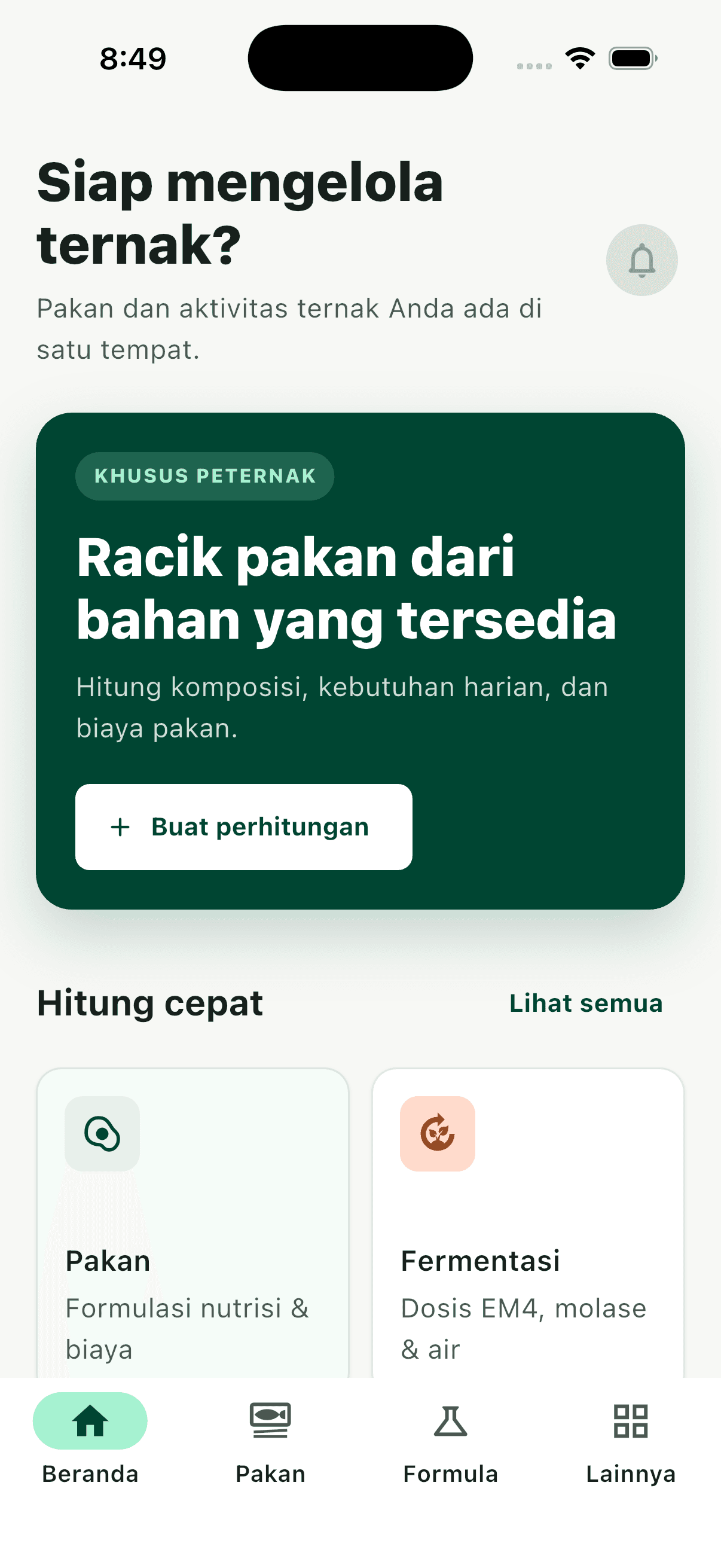 Beranda aplikasi RacikTani dengan fitur formulasi pakan, fermentasi, dan catatan budidaya
