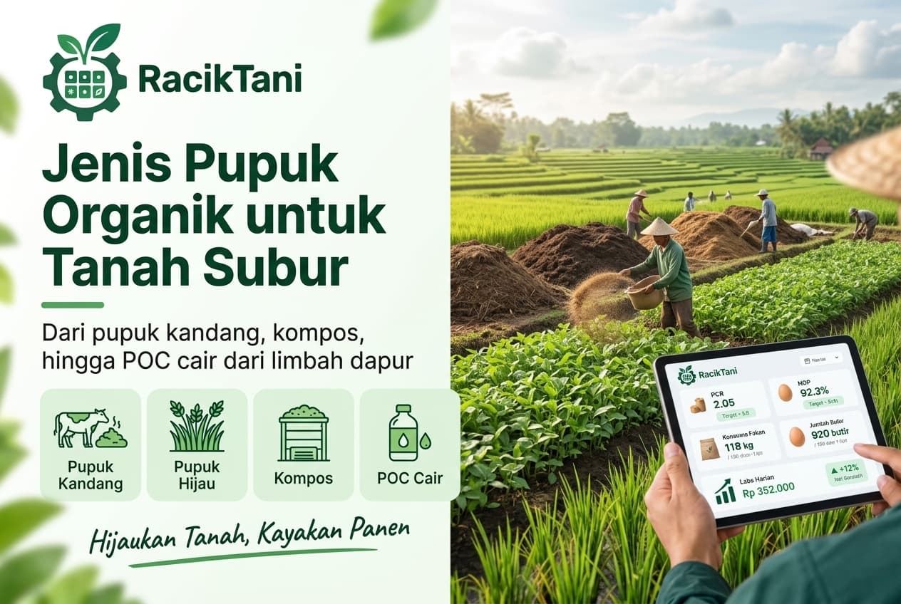 Ilustrasi banner montrant berbagai jenis pupuk organik: pupuk kandang, pupuk hijau, kompos, dan POC cair dari limbah dapur, dengan background lahan pertanian Indonesia.