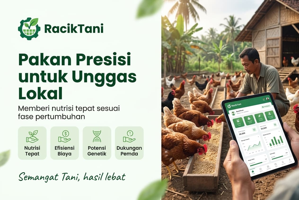 Ilustrasi banner montrant peternak memberikan pakan presisi kepada unggas lokal di kandang terbuka, dengan grafik nutrisi dan logo RacikTani
