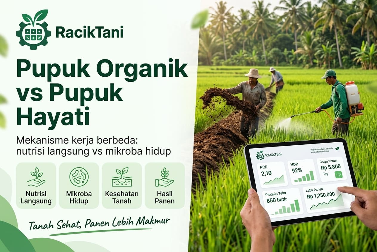 Ilustrasi banner menunjukkan perbedaan pupuk organik dan pupuk hayati dengan ikon nutrisi langsung, mikroba hidup, kesehatan tanah, dan hasil panen pada lahan pertanian Indonesia.