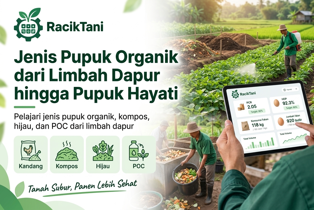 Ilustrasi banner yang menampilkan berbagai jenis pupuk organik: pupuk kandang, kompos, pupuk hijau, dan Pupuk Organik Cair dari limbah dapur, dengan ladang Indonesia sebagai latar belakang