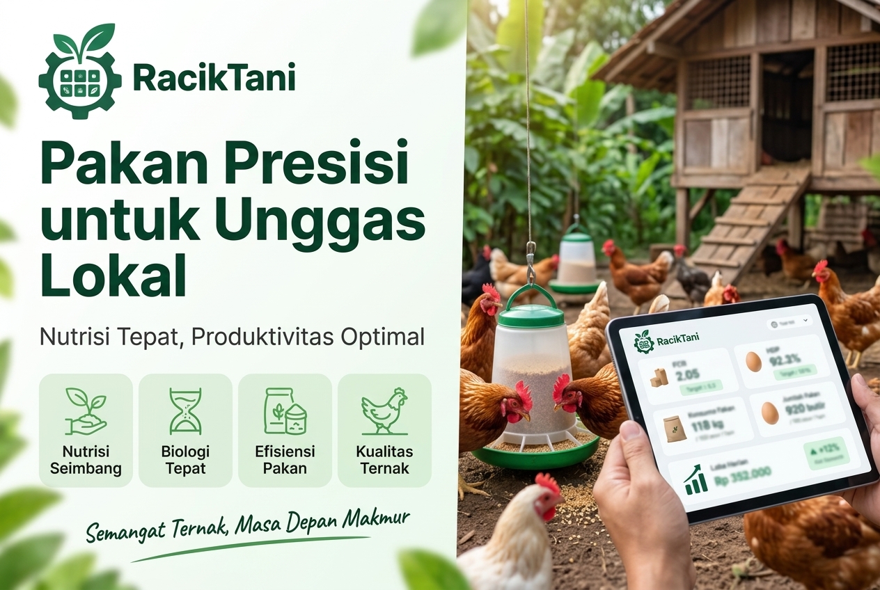 Ilustrasi peternak unggas lokal memberikan pakan presisi kepada ayam sekaran di kandang sederhana, menunjukkan nutrisi tepat dan lingkungan pertanian Indonesia.