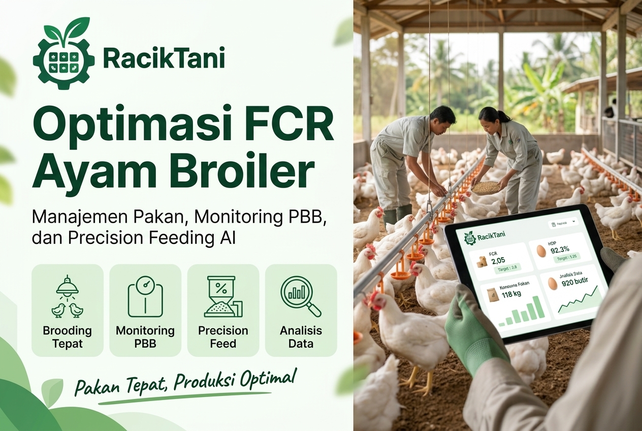 Gambar banner menunjukkan peternak memeriksa pakan ayam broiler, teknologi precision feeding, dan ayam berkembang baik di kandang bersih, menggambarkan optimasi FCR melalui manajemen pakan dan monitoring performa.