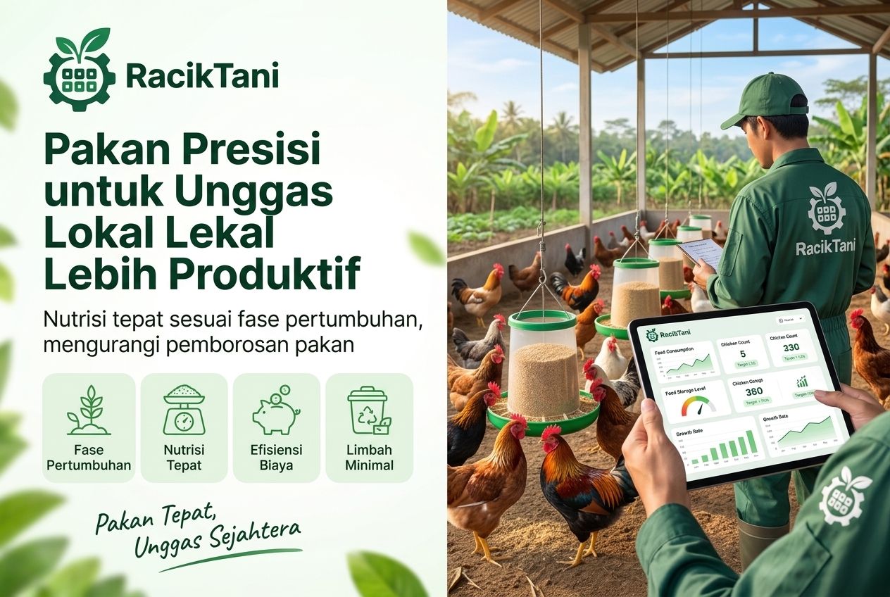 Ilustrasi banner RacikTani yang menunjukkan pakan presisi untuk unggas lokal, peternak yang mengawasi pakan, ayam sehat, dan lingkungan pertanian Indonesia.